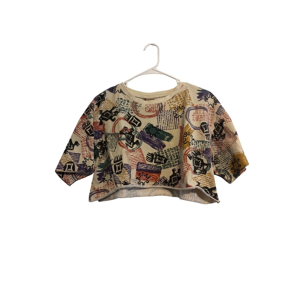 Vintage Chico's Crop Top Tribal Graphic Multi Color Raw Hem Size 1